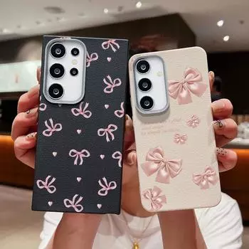 Розовый бант с принтом матовый тонкий чехол для Samsung S25 Ultra S24 FE S23 S22 A56 A36 A16 A55 A15 A35 A26 кожаная текстура мягкий TPU противоударный чехол для телефона Samsung S25 розовый/чёрный