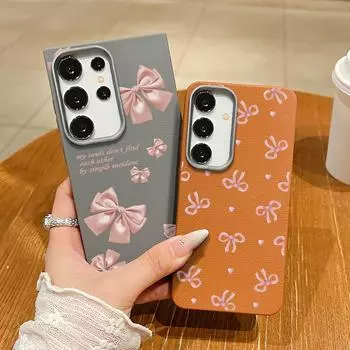 Розовый бантовый принт кожа текстура тонкий магнитный чехол для Samsung S25 Ultra S24 FE S23 S22 S21 беспроводная зарядка матовый ударопрочный TPU мягкий чехол для телефона Samsung S25 чёрный/розовый