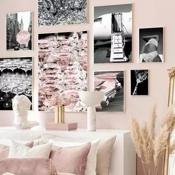 Розовый блестящий автомобильный винный знак остановки печати плаката, черно-белый, сексуальная женщина частная холст картина самолет, роскошная жизнь мода, дом 21x30cm No Framed