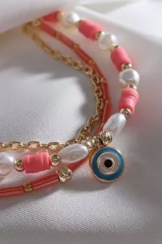 Розовый браслет Fimo из трех частей с жемчугом и бусинами Сглаз