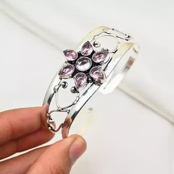 Розовый браслет из кунцита, изящные ювелирные изделия ручной работы, браслет-манжета из стерлингового серебра 925 пробы, регулируемый браслет, браслет-манжета из драгоценных камней, подарок для женщин Adjustable розовый