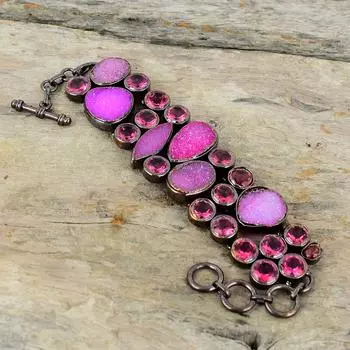 Розовый браслет с друзами, гальванический медный браслет, регулируемый браслет-цепочка, браслет с розовым турмалином и драгоценными камнями, ювелирные изделия ручной работы, подарок для него