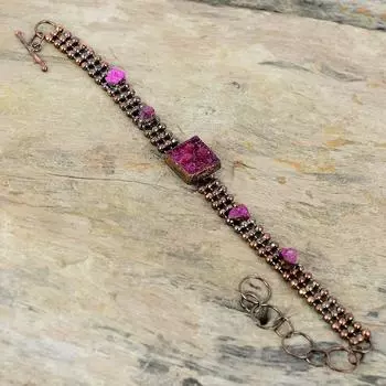 Розовый браслет с друзами, гальванический медный браслет, регулируемый браслет-цепочка, ювелирные изделия ручной работы из натуральных драгоценных камней, розовый турмалин, грубый браслет