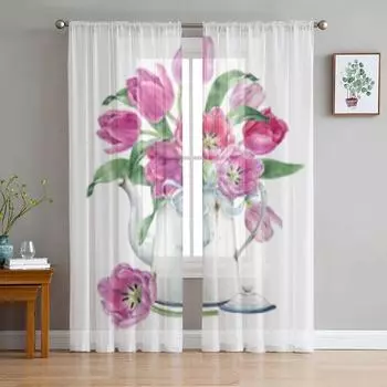 Розовый букет тюльпанов в белой вазе, прозрачные шторы для окна гостиной, прозрачная вуаль, тюлевая занавеска, шторы для спальни, домашний декор 135W x 114H(cm)