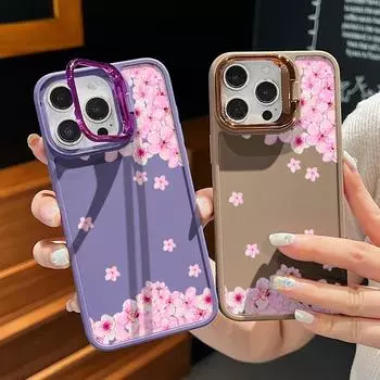 Розовый чехол из мягкого ТПУ с принтом сакуры для iPhone 16 Pro Max 15 Pro 14 13 12 11, защитный силиконовый матовый чехол для телефона с подставкой для объектива iPhone 16 чёрный