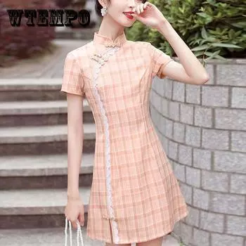 Розовый Cheongsam можно носить ежедневно летом. Милое клетчатое модифицированное платье для молодой девушки. S розовый