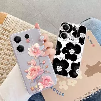 Розовый цветочный чехол для iPhone 15 Samsung A55 M34 S24 Xiaomi Redmi 13 Pro 14C Huawei Honor 200 противоударный бампер для телефона TPU с защитой от царапин прозрачная задняя крышка Samsung Galaxy S20 FE