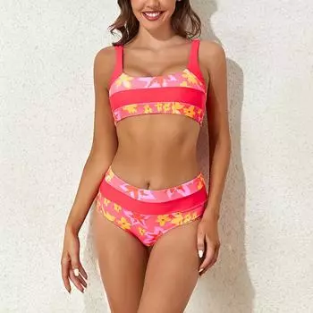 Розовый цветочный комплект бикини на бретелях, купальник для женщин, купальник с высокой талией, купальник из двух предметов, женский сексуальный бразильский купальный костюм с эффектом пуш-ап, бикини
