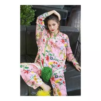 Розовый цветочный принт атласный женский пижамный комплект с длинным рукавом широкие брюки шелковая пижама для женщин 2 предмета пижама домашняя одежда для дома M