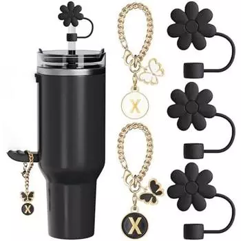 Розовый цветок, чашка с буквами, подвески-цепочки, соломенные топперы, 10 мм, соломенная крышка для стакана с ручкой Pink-M