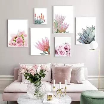 Розовый цветок, холст, картина, скандинавский плакат с тропическими растениями и принтом, сочный кактус, настенная картина для гостиной, домашний декор 21x30cm No Frame