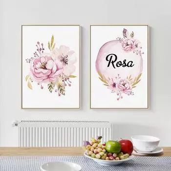 Розовый цветок, индивидуальное имя, настенные художественные постеры, балетная девочка, детская печать, холст, картина, индивидуальный постер на скандинавскую тему, изображение, декор комнаты 21cm30cm NoFrame