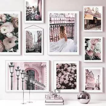Розовый цветок настенный плакат с принтом Парижская башня модная девушка настенное искусство современный пейзаж холст живопись для гостиной настенные панно 21x30cm No Frame