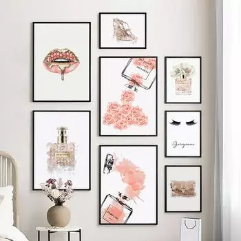 Розовый цветок Париж духи девушка губы ресницы настенная живопись на холсте плакаты на скандинавскую тему и принты настенная картина для декора комнаты для девочек A4 21x30cm No Frame
