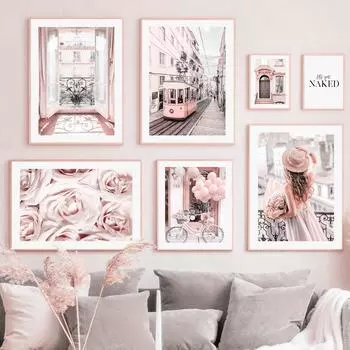 Розовый цветок розы Парижская башня трамвай воздушный шар настенная живопись на холсте плакаты на скандинавскую тему и принты настенные панно для декора гостиной A4 21X30cm No Framed