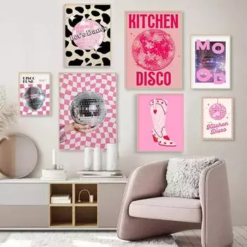 Розовый диско-шар, танцпол, диско-вечеринка, модный постер, печать, ретро-настенная картина, картина на холсте для клуба, бара, домашнего декора 13x18cm No Frame