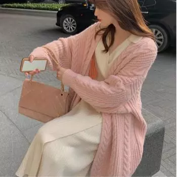 Розовый Длинный Кардиган для женщин осень-зима одежда длинный рукав Кашемировый свитер пальто корейский теплый винтажный вязаный кардиган Lingge One Size