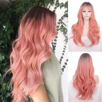 Розовый длинный волнистый парик средней части волос, натуральный термостойкий синтетический парик для косплея для женщин 28inch
