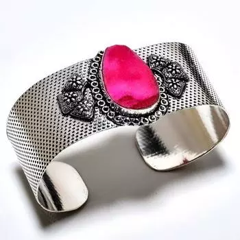 Розовый драгоценный камень Друзы 925 пробы с серебряным покрытием ручной работы Браслет-манжета