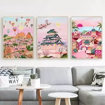 Розовый Дубровник Замок Осаки Cherry Blossom Япония Wall Art Холст Картина Плакат на скандинавскую тему и принты Картина для декора гостиной без рамки 21*30cm