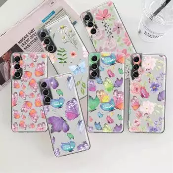 Розовый фиолетовый прозрачный чехол с бабочкой и цветком для Samsung Galaxy S23 S22 S21 S20 Fe Ultra S10 S9 S8 Plus S10lite Note 10plus 20ultra Samsung S22 Plus 5G