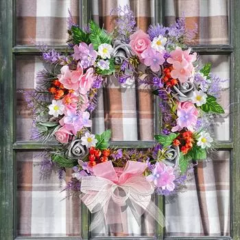 Розовый фиолетовый венок, весенний летний венок для входной двери, полевые цветы, лавандовые цветы для внутреннего и наружного оформления деревенского фермерского дома, свадебный венок разноцветный