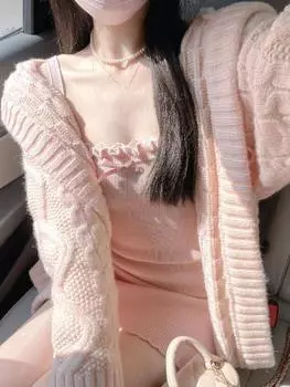 Розовый французский винтажный комплект из двух предметов, женский теплый японский милый трикотажный костюм с платьем, женский элегантный бант, корейская мода, рюшированный комплект 2024 S розовый