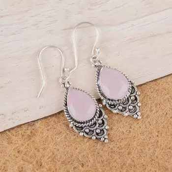 Розовый Халцедон Драгоценный Камень 925 Стерлинговое Серебро Ювелирные Изделия Ручной Работы Серьги-Крючки 1,9 EE-85-15