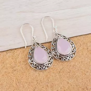Розовый Халцедон Драгоценный Камень 925 Стерлинговое Серебро Ювелирные Изделия Ручной Работы Серьги 1.72 CE-4-16