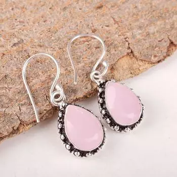 Розовый Халцедон Драгоценный Камень 925 Стерлинговое Серебро Бохо Украшения Свадебные Серьги 1.41 EE-97-20