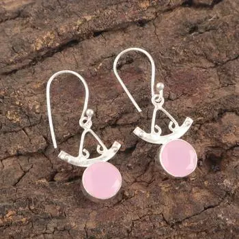 Розовый Халцедон Драгоценный Камень 925 Стерлинговое Серебро Ручная Работа Ювелирные Изделия Серьги-Крючки 1.63 EE-152-16