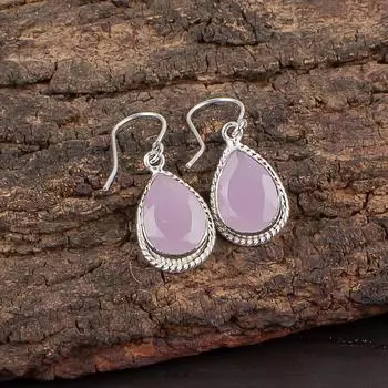Розовый халцедон Драгоценный камень 925 Стерлинговое серебро Ювелирные изделия ручной работы Серьги-капли 1,40 EE-9-15