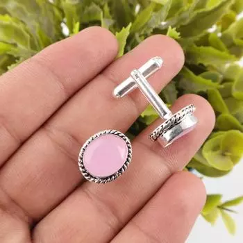 Розовый Халцедон Драгоценный Камень 925 Стерлинговое Серебро Мужские Украшения Классический Стиль Запонки CL-1-19