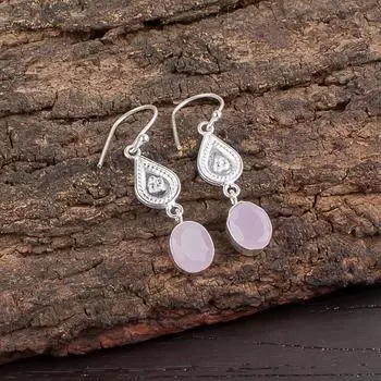Розовый Халцедон Драгоценный Камень 925 Стерлинговое Серебро Ювелирные Изделия Ручной Работы Серьги 1.70 EE-8-16