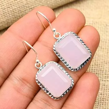 Розовый халцедон, драгоценный камень, стерлинговое серебро 925 пробы, милые ювелирные серьги ручной работы для женщин 1.6 Inches розовый