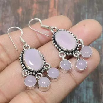 Розовый халцедон, драгоценный камень, стерлинговое серебро 925 пробы, замечательные ювелирные серьги ручной работы 1.77 Inches розовый