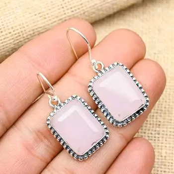 Розовый халцедон, драгоценный камень, стерлинговое серебро 925 пробы, милые ювелирные серьги ручной работы для женщин 1.60 Inches розовый