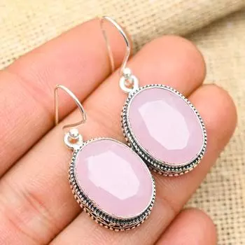 Розовый халцедон, драгоценный камень, стерлинговое серебро 925 пробы, милые ювелирные серьги ручной работы для женщин 1.60 Inches розовый