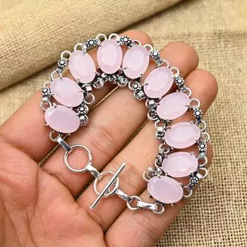 Розовый халцедон драгоценный камень стерлингового серебра 925 пробы ручной работы прекрасный ювелирный браслет для женщин