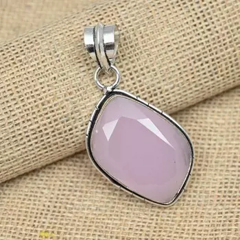 Розовый халцедон Драгоценный камень стерлингового серебра 925 пробы ручной работы Уникальные подвесные украшения 1.96 Inches розовый
