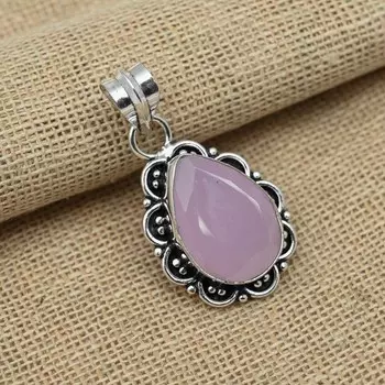 Розовый халцедоновый драгоценный камень ручной работы 925 пробы очаровательный кулон ювелирные изделия для нее 1.77 inches розовый