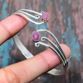 Розовый халцедоновый драгоценный камень ручной работы Твердый браслет из стерлингового серебра 925 пробы Регулируемый Adjustable фиолетовый