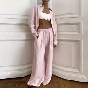 Розовый хлопковый комплект из двух предметов, блузка, брюки, женские повседневные рубашки с отложным воротником и длинными рукавами, высокая талия, широкие брюки, костюмы S розовый