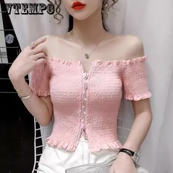 Розовый Hotsweet Slash Neck Женская блузка с двойной молнией Дизайн Укороченный топ с эластичной резинкой на талии Тонкий сексуальный с высокой талией и пупком с открытой летней одеждой S розовый