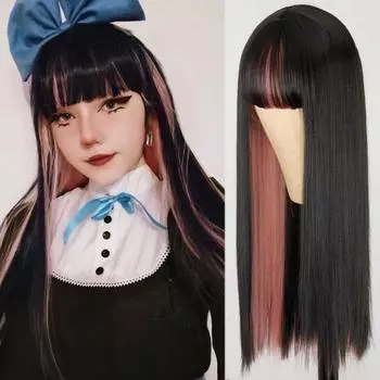 Розовый и черный парик, два слоя париков, длинные прямые волосы, парик для косплея, двухцветный цвет омбре, женские парики из синтетических волос