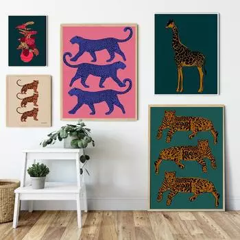 Розовый и синий леопардовый холст, картина, животные, жираф, тигр, постеры, принты, листья монстеры, настенная картина для декора гостиной 21x30cm No Framed белый