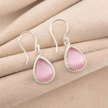 Розовый камень Кошачий глаз Ювелирные изделия из стерлингового серебра 925 пробы Ручной работы Серьги для девочек 1,40 EE-9-46