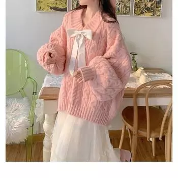 Розовый кавайный свитер большого размера из трикотажа для женщин, милый пуловер с большим бантом, осенне-зимний, сохраняющий тепло, свитер с рукавами-фонариками и V-образным вырезом S белый