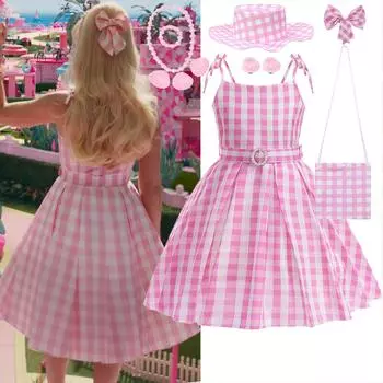 Розовый клетчатый костюм принцессы из фильма с бантом для девочек, детский костюм, детские праздничные платья для ролевых игр, платье на день рождения для девочек 100CM розовый