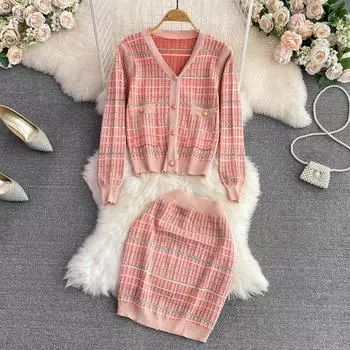 Розовый клетчатый вязаный свитер, костюм, осень-зима, женские однобортные кардиганы с v-образным вырезом, куртка, пальто и мини-короткая облегающая юбка-карандаш, комплект из 2 предметов One Size розовый